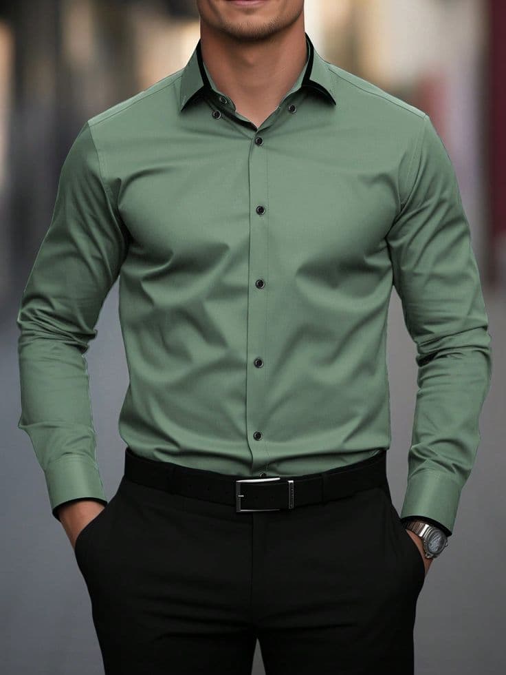Men’s Sage Green Contrast Collar Slim Fit Shirt