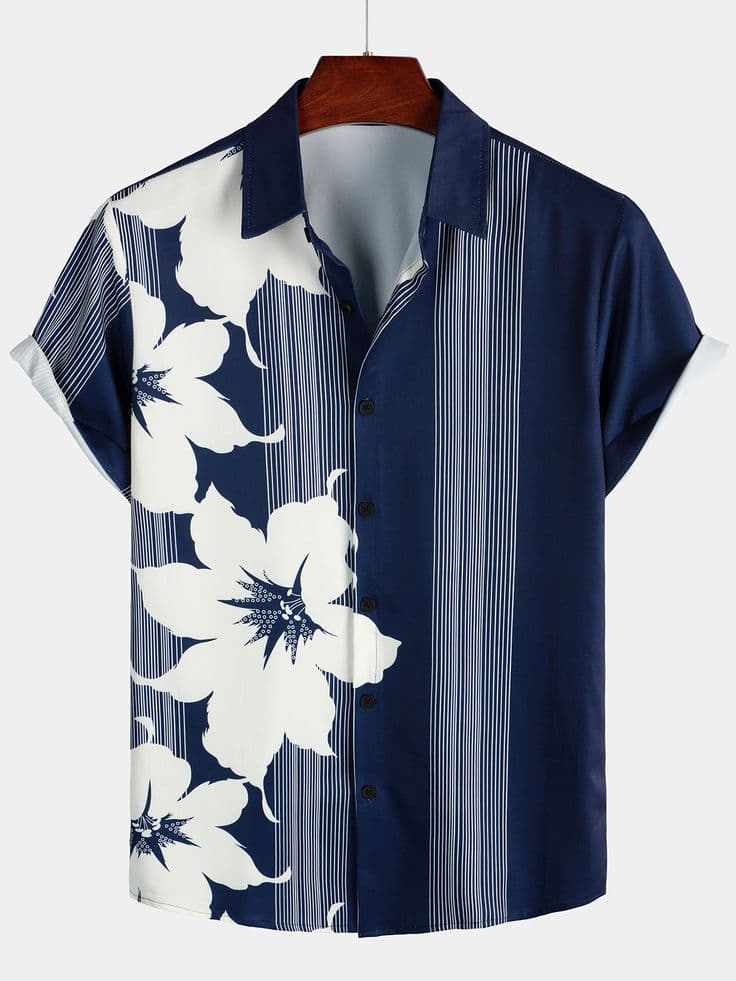 Eagilo Navy Blue Vertical Stripe Floral Shirt