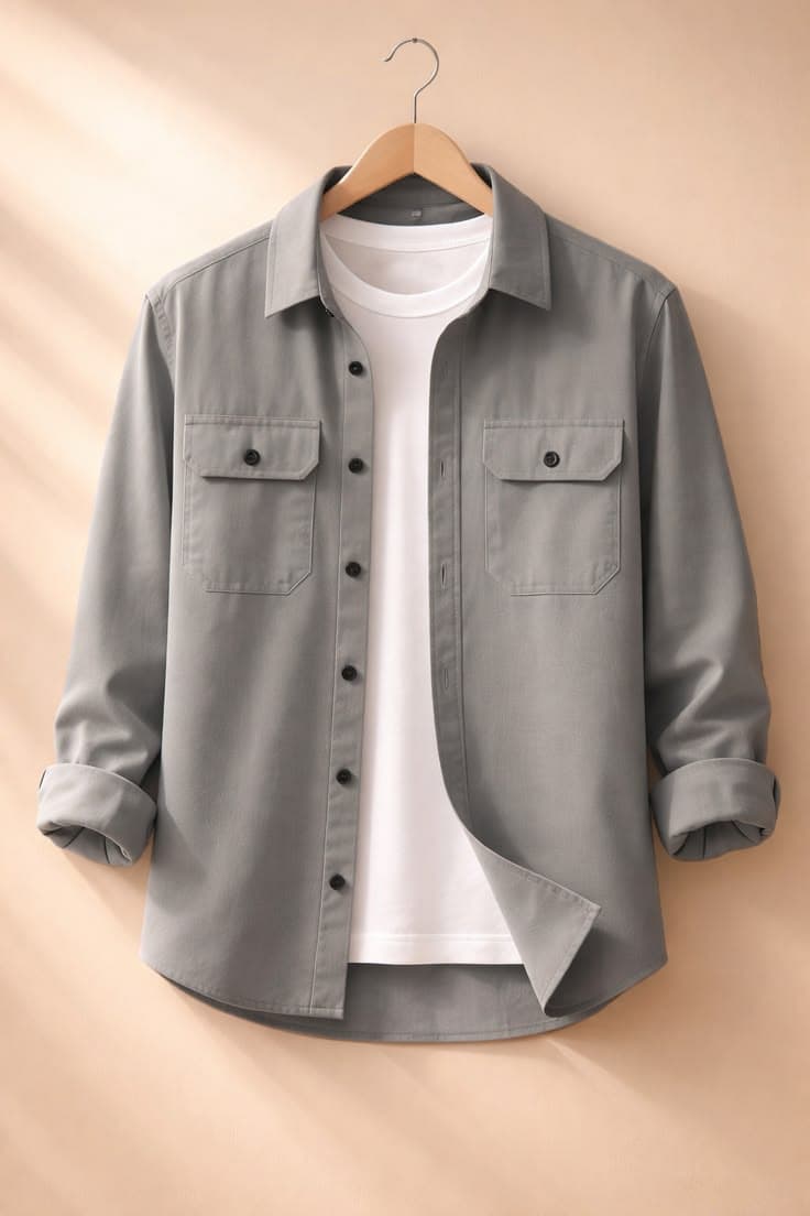 Eagilo Grey Utility Flap Shirt