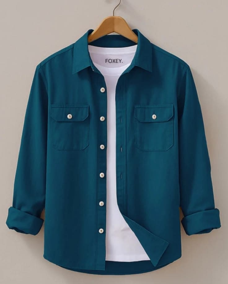 Eagilo Teal Blue Solid Casual Shirt image 3