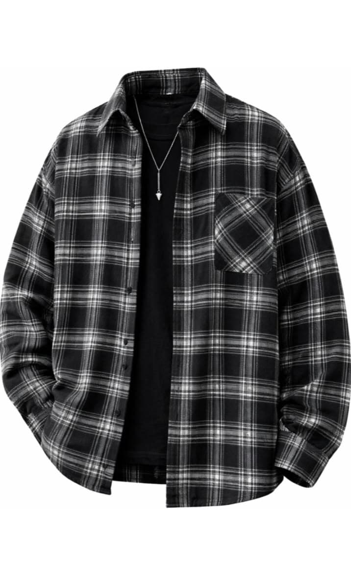 Eagilo Black & White Oversized Flannel Shacket Shirt image 5